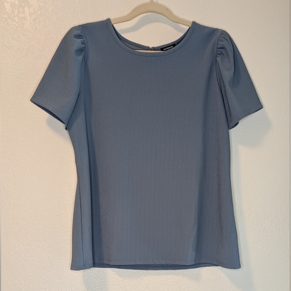 Express Tops - Express Blue Puff Sleeve Ribbed Textured Blouse